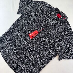 HUGO Boss Red Tag Straight Fit Black White Short Sleeve Button Up Shirt S NWT
